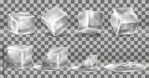 Vector realistic set of cold solid ice cubes, melting process of icy blocks with drops and water puddles, isolated on transparent background. Decorative elements for advertising of refreshing drinks