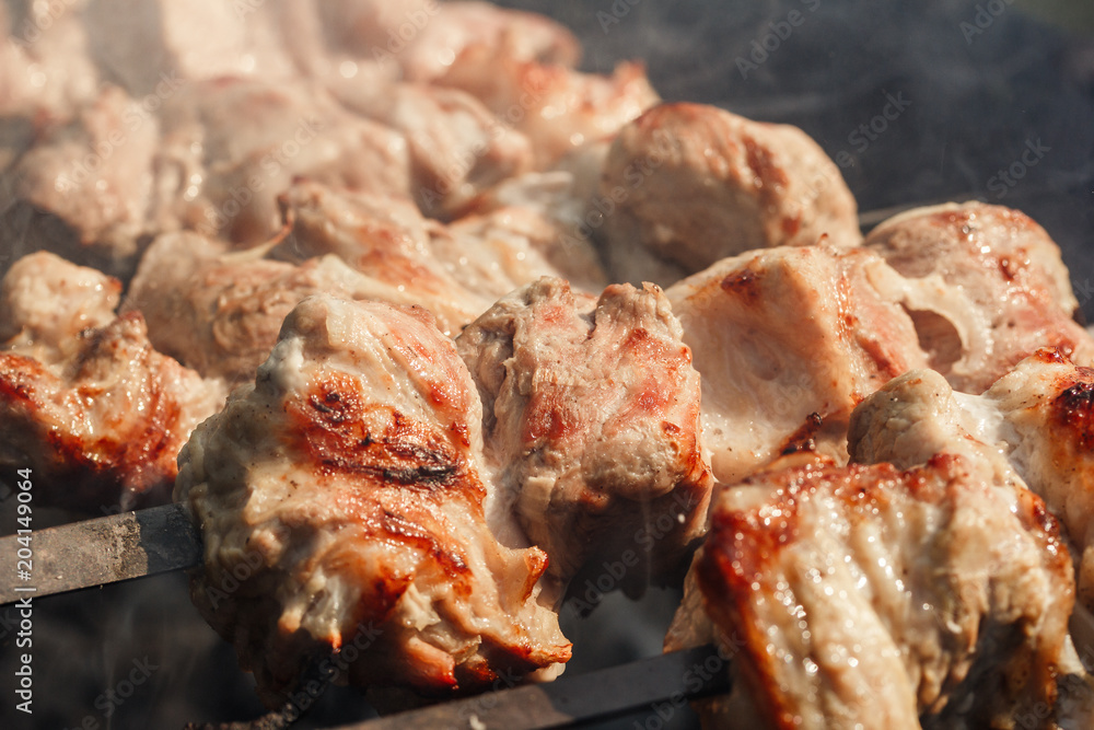 Smoke rises above pieces of meat on skewers roasting on the grill. Shish kebab, bbq, pork. Smoke rises above pieces of meat on skewers roasting on the grill. Shish kebab, bbq, pork.