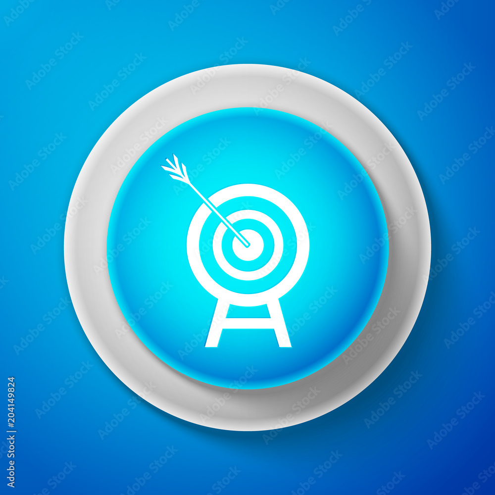 White Target with arrow icon isolated on blue background. Dart board sign. Archery board icon. Dartboard sign. Business goal concept. Circle blue button with white line. Vector Illustration White Target with arrow icon isolated on blue background. Dart board sign. Archery board icon. Dartboard sign. Business goal concept. Circle blue button with white line. Vector Illustration