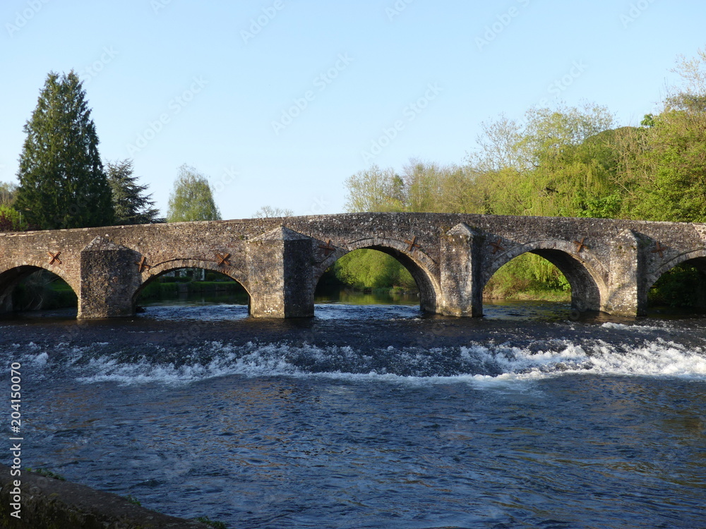 A Medieval stone bridge crossing the River Exe in Bickleigh village, Devon, England, UK on a summers day