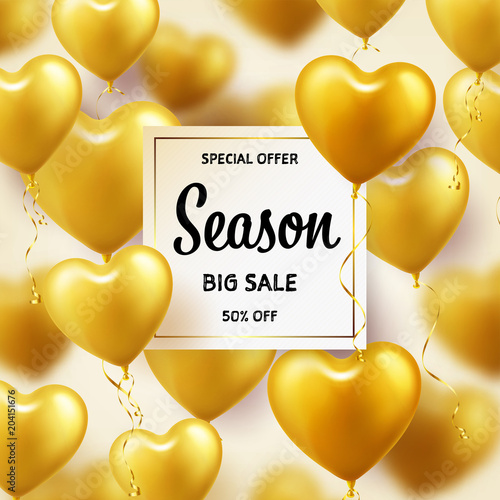 Golden Balloons in heart shape. Season sale banner with gold. Birthday holiday. Carnival. Love.