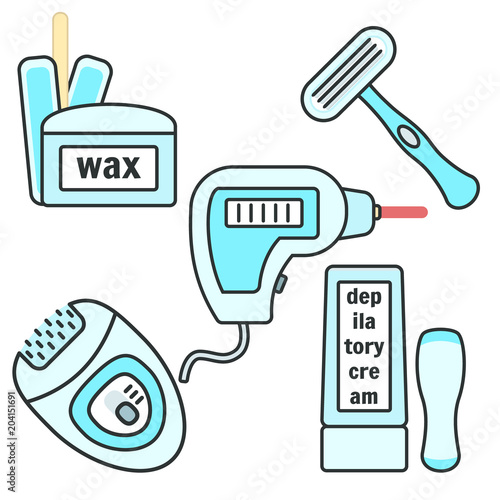 Cute cartoon blue depilation and epilation hair removal instruments set. Wax, laser, cream, razor, epilator tools for female delicate body care