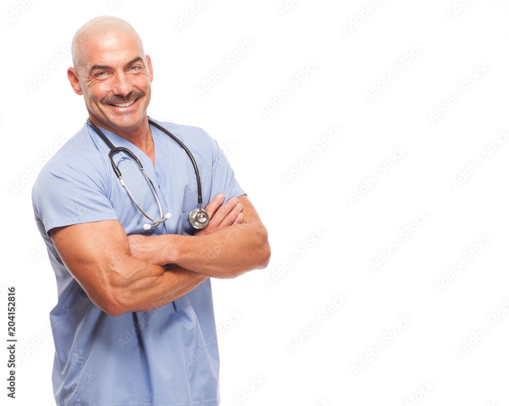Doctor in scrubs on white background. Doctor in scrubs on white background.