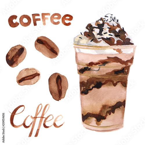 Cream latte coffee plastic cup to go isolated watercolor illustration with coffee beans and lettering set photo