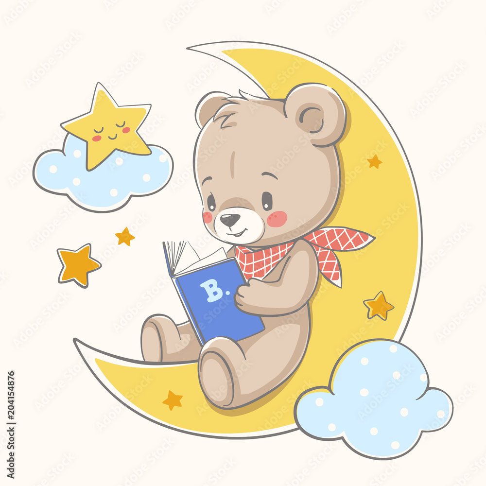 Fototapeta premium Słodki Miś siedzi na Księżycu i czyta książkę kreskówka ręcznie rysowane ilustracji wektorowych.