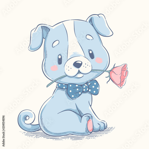 Cute puppy with a flower cartoon hand drawn vector illustration. Can be used for t-shirt print, kids wear fashion design, baby shower celebration greeting and invitation card.