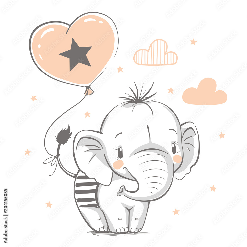 Fototapeta premium Słodki słoń z balonem kreskówka ręcznie rysowane ilustracji wektorowych. Może być stosowany do nadruków na koszulkach, projektowania mody dla dzieci, powitania z okazji urodzin baby shower i karty z zaproszeniem.