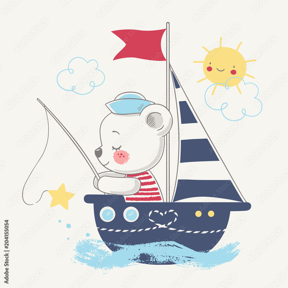 Fototapeta premium Słodki Miś żeglarz na statku kreskówka ręcznie rysowane ilustracji wektorowych. Może być stosowany do nadruków na koszulkach, projektowania mody dla dzieci, powitania z okazji urodzin baby shower i karty z zaproszeniem.