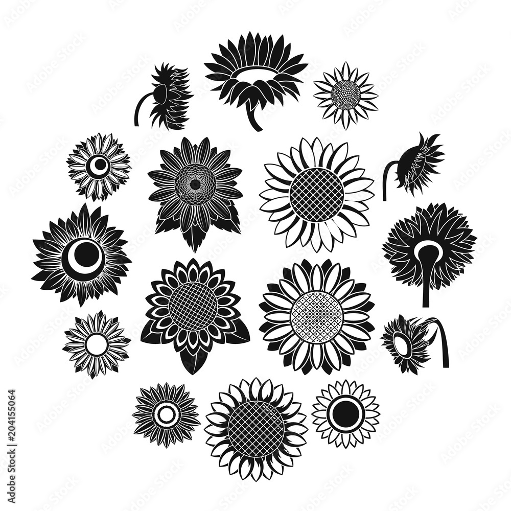 Sunflower blossom icons set. Simple illustration of 16 sunflower blossom vector icons for web Sunflower blossom icons set. Simple illustration of 16 sunflower blossom vector icons for web