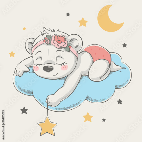 Cute dreaming bear cartoon hand drawn vector illustration. Can be used for t-shirt print, kids wear fashion design, baby shower celebration greeting and invitation card.
