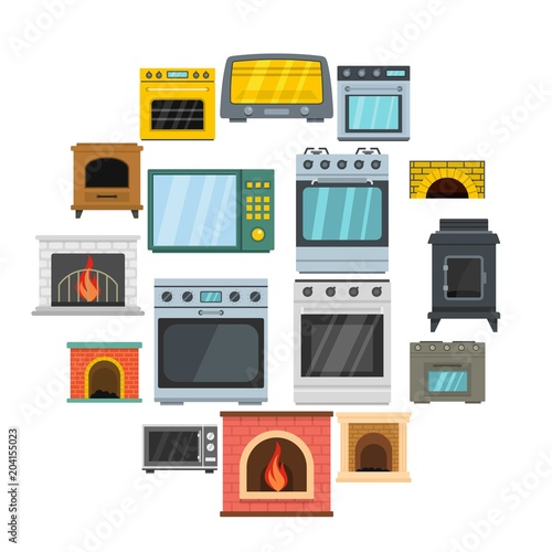 Oven stove furnace fireplace icons set. Flat illustration of 16 oven stove furnace fireplace vector icons for web