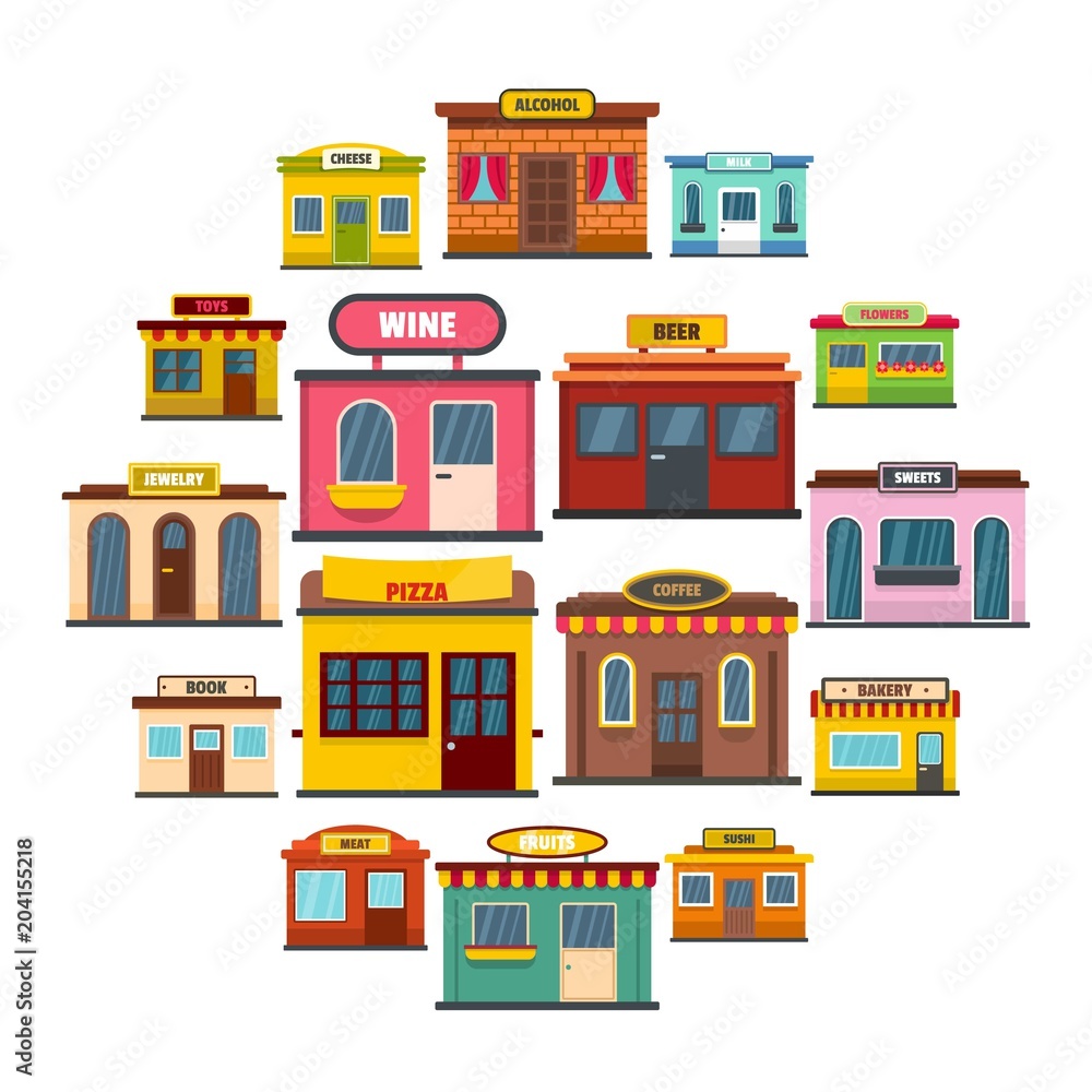 Store facade front shop icons set. Flat illustration of 16 store facade front shop vector icons for web
