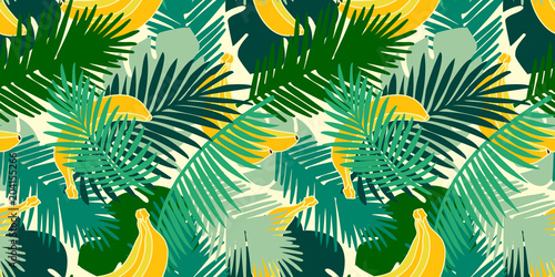 Seamless pattern of banana with tropical jungle leaves. Hand drawing fruit with forest branch