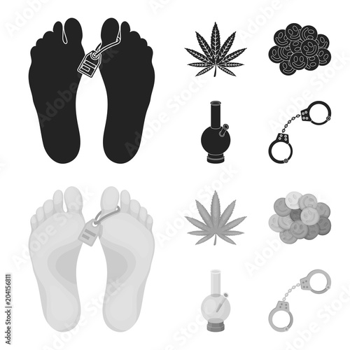 Hemp leaf, ecstasy pill, handcuffs, bong.Drug set collection icons in black,monochrom style vector symbol stock illustration web.