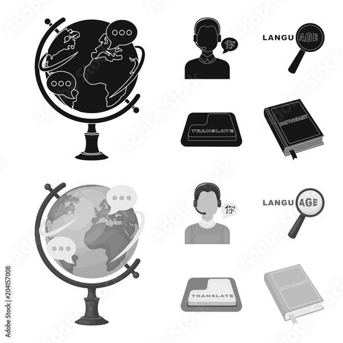 A translator in headphones, a magnifying glass showing translation, a button with an inscription, a book with a bookmark. Interpreter and translator set collection icons in black,monochrom style