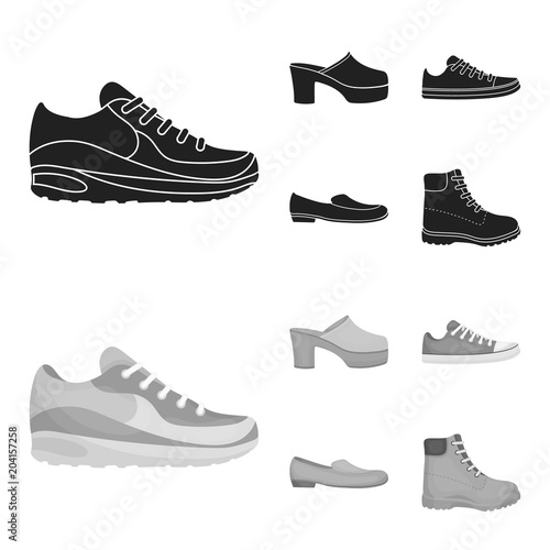 Flip-flops, clogs on a high platform and heel, green sneakers with laces, female gray ballet flats, red shoes on the tractor sole. Shoes set collection icons in black,monochrom style vector symbol