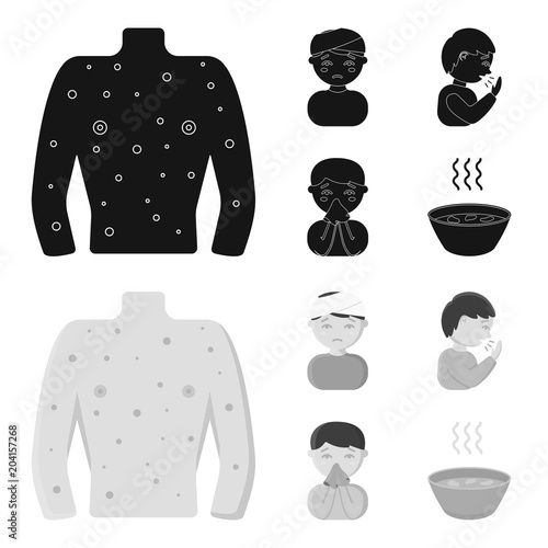A man with a bandaged head, a man coughing, a man snorts a snot, a bowl, a bowl of hot broth into a handkerchief. Sick set collection icons in black,monochrom style vector symbol stock illustration