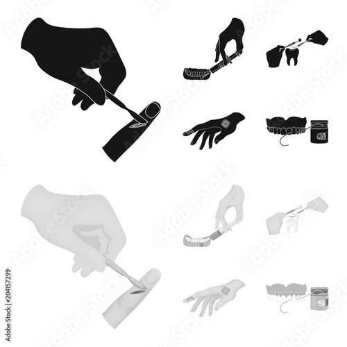 Anesthetic injection, dental instrument, hand manipulation, tooth cleaning and other web icon in black,monochrom style.bactericidal plaster, medicine icons in set collection.