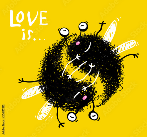 Fun hug funny flying insect personage in love. Vector illustration.