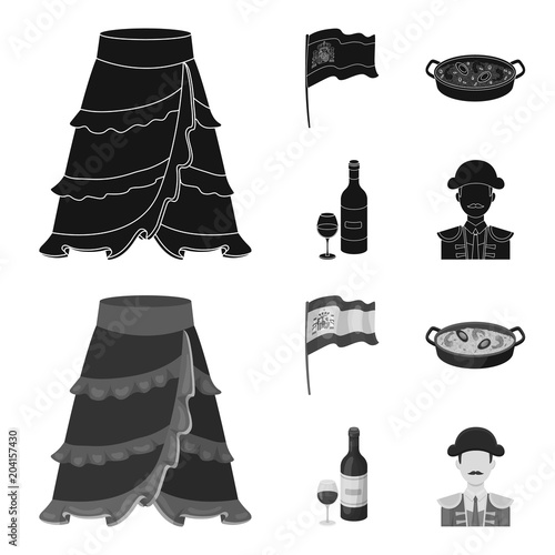 Flag with the coat of arms of Spain, a national dish with rice and tomatoes, a bottle of wine with a glass, a bullfighter, a matador. Spain country set collection icons in black,monochrom style vector