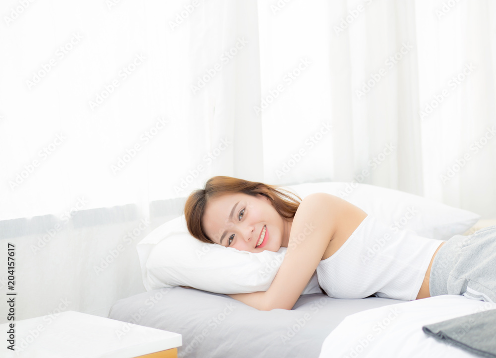 Portrait of beautiful asian young woman sleep lying in bed with head on pillow comfortable and happy with leisure, girl with relax for health and lifestyle concept. Portrait of beautiful asian young woman sleep lying in bed with head on pillow comfortable and happy with leisure, girl with relax for health and lifestyle concept.