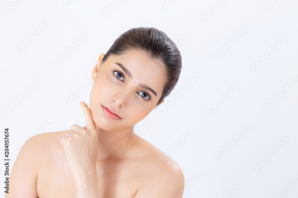 Portrait of beautiful brunette woman makeup of cosmetic, girl hand touch chin and smile attractive, face of beauty perfect with wellness isolated on white background with skin healthcare concept. Portrait of beautiful brunette woman makeup of cosmetic, girl hand touch chin and smile attractive, face of beauty perfect with wellness isolated on white background with skin healthcare concept.