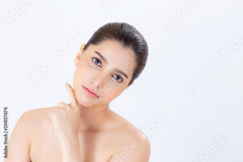 Portrait of beautiful brunette woman makeup of cosmetic, girl hand touch chin and smile attractive, face of beauty perfect with wellness isolated on white background with skin healthcare concept.