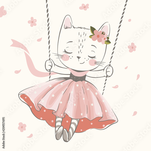 Cute kitty in the swing hand drawn vector illustration. Can be used for t-shirt print, kids wear fashion design, baby shower celebration, greeting and invitation card.