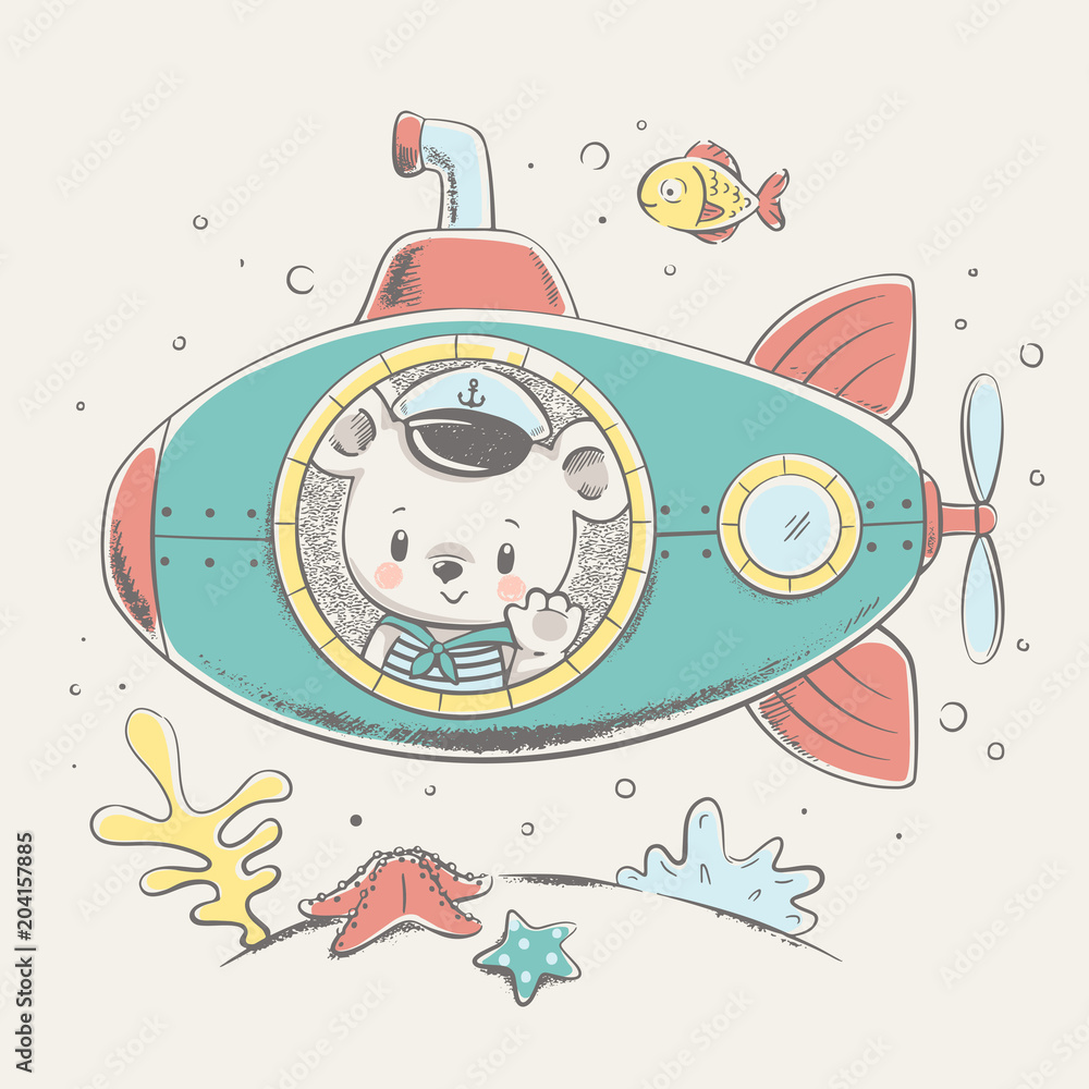 Naklejka premium Słodki Miś żeglarz na łodzi podwodnej kreskówka ręcznie rysowane ilustracji wektorowych. Może być stosowany do nadruków na koszulkach, projektowania mody dla dzieci, powitania z okazji urodzin baby shower i karty z zaproszeniem.