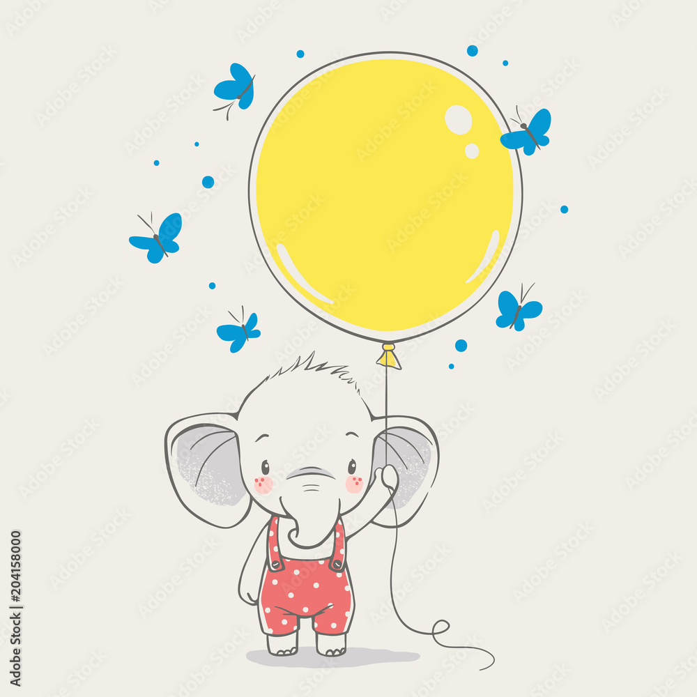 Naklejka premium Cute elephant with balloon cartoon hand drawn vector illustration. Can be used for t-shirt print, kids wear fashion design, baby shower celebration greeting and invitation card.