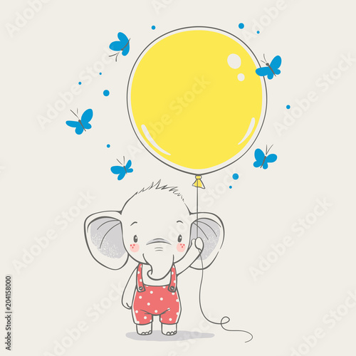 Cute elephant with balloon cartoon hand drawn vector illustration. Can be used for t-shirt print, kids wear fashion design, baby shower celebration greeting and invitation card.
