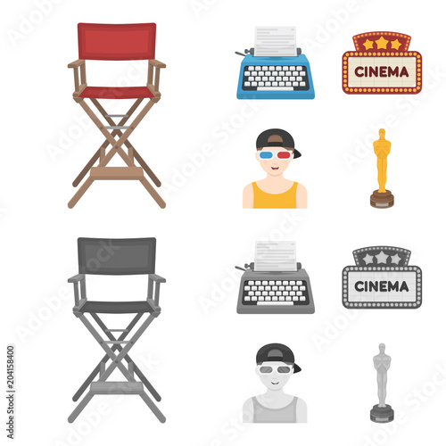 Chair of the director, typewriter, cinematographic signboard, film-man. Films and cinema set collection icons in cartoon,monochrome style vector symbol stock illustration web.