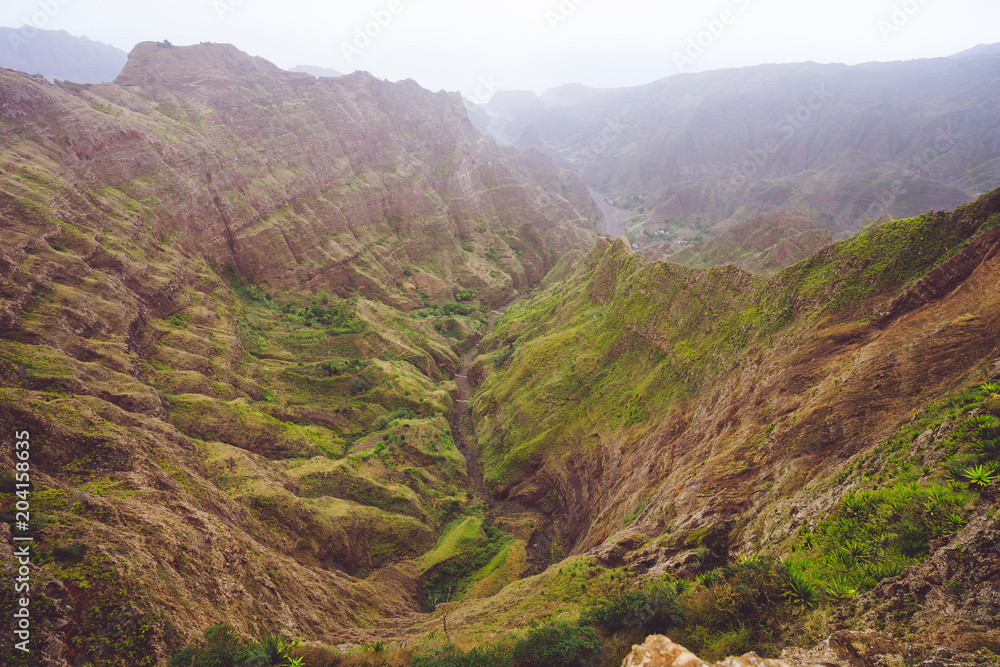 Breathtaking panoramic view from Delgadinho mountain ridge and valley with dry waterfall. Santo Antao, Cape Verde