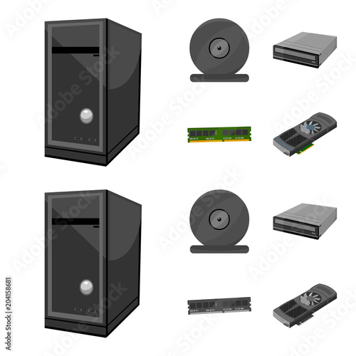 System unit, memory card and other equipment. Personal computer set collection icons in cartoon,monochrome style vector symbol stock illustration web.