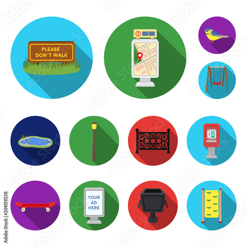 Park, equipment flat icons in set collection for design. Walking and rest vector symbol stock web illustration.