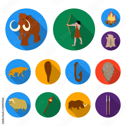 Life in the Stone Age flat icons in set collection for design. Ancient people vector symbol stock web illustration.