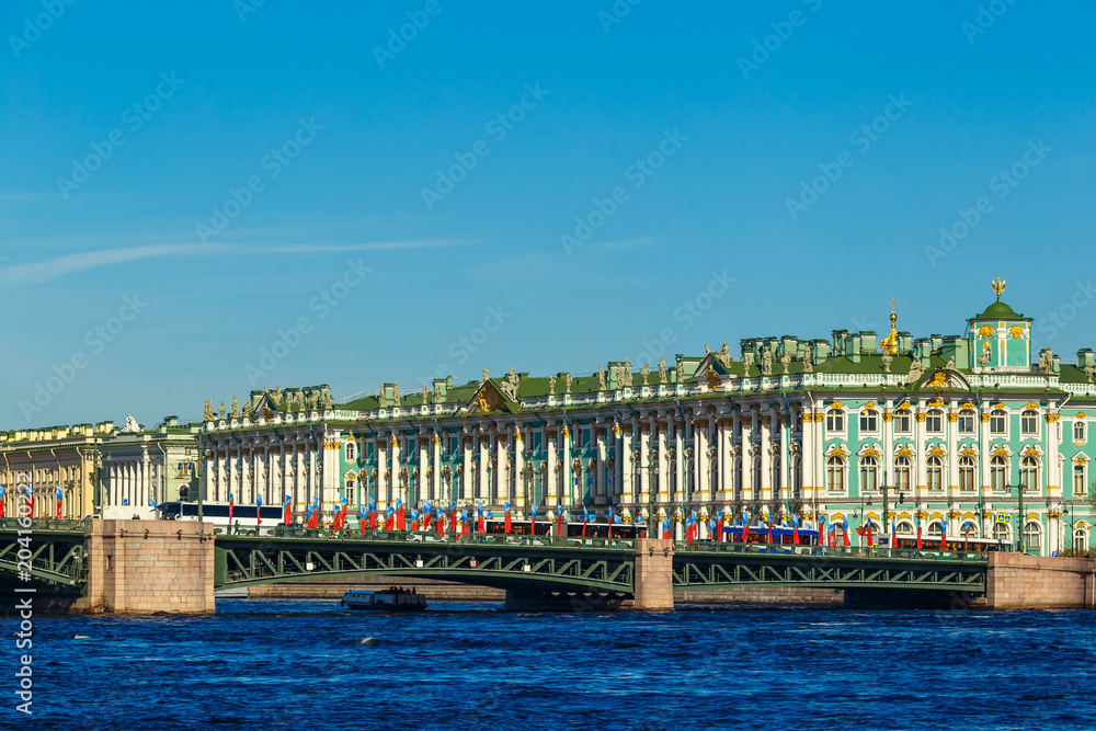 the Palace bridge with a view of the Hermitage in Saint Petersburg, on a Sunny day