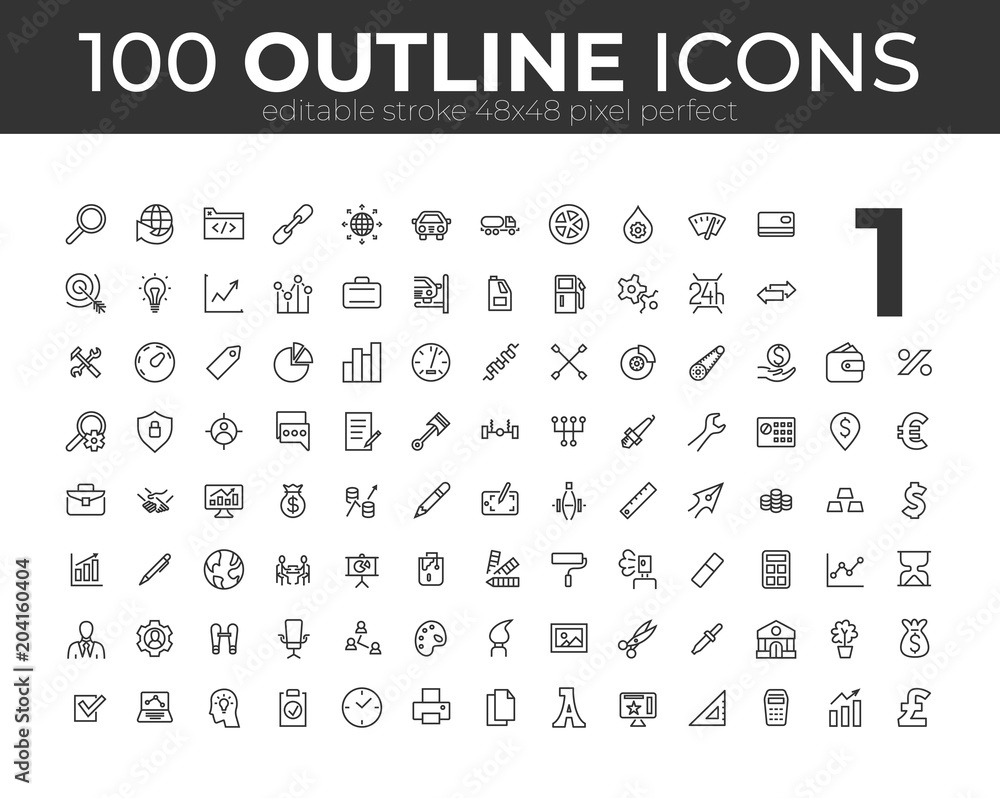 100 Universal Outline Icons For Web and Mobile. Editable Stroke. 48x48 Pixel Perfect.