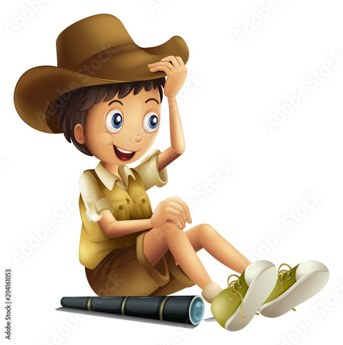 A Safari Boy with Binocular on White Background