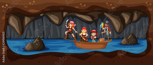 Pirate on the Boat in Underground Cave River