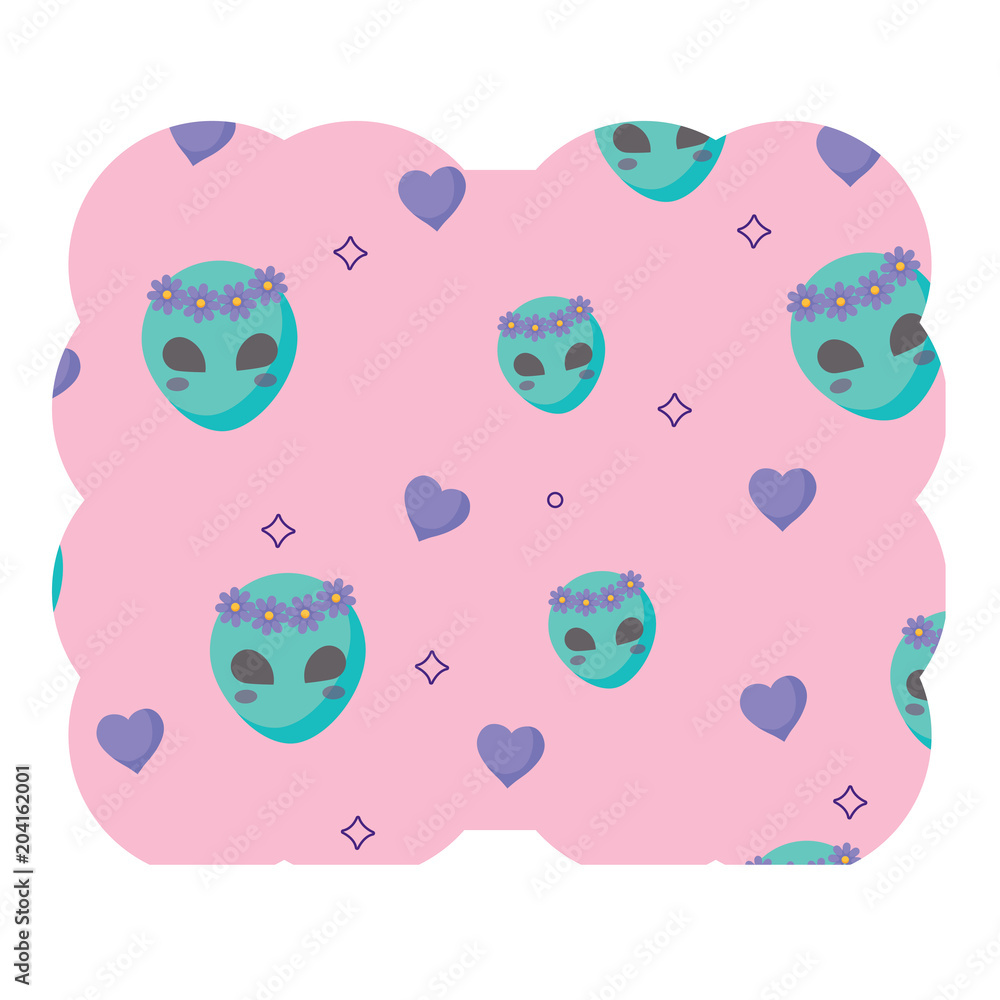 decorative frame with alien and hearts pattern over white background, vector illustration