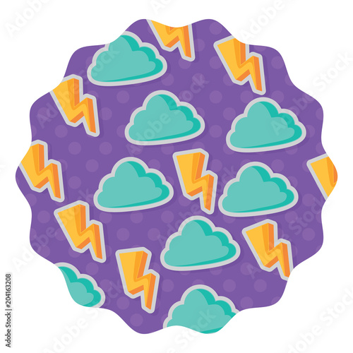circular frame with clouds and lightning pattern over white background, colorful design. vector illustration