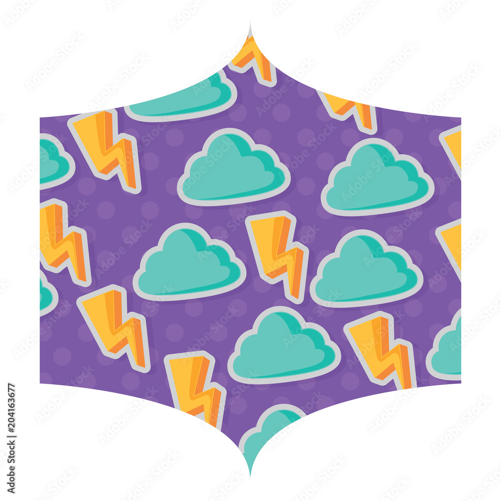 decorative frame with clouds and lightning pattern over white background, colorful design.  vector illustration