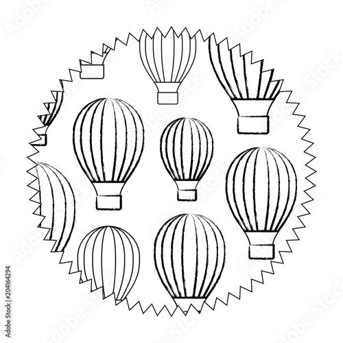 seal stamp with hot air balloons pattern over white background, vector illustration