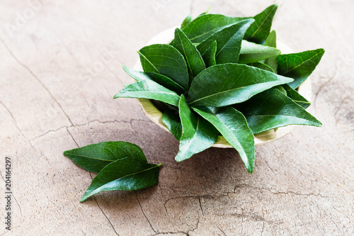 Fresh curry leaves in coconut bowl on wooden background