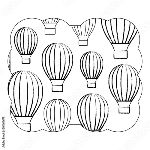 decorative frame with hot air balloons pattern over white background, vector illustration