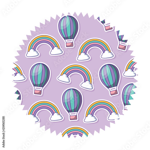 seal stamp of hot air balloon and rainbow pattern over white background, vector illustration