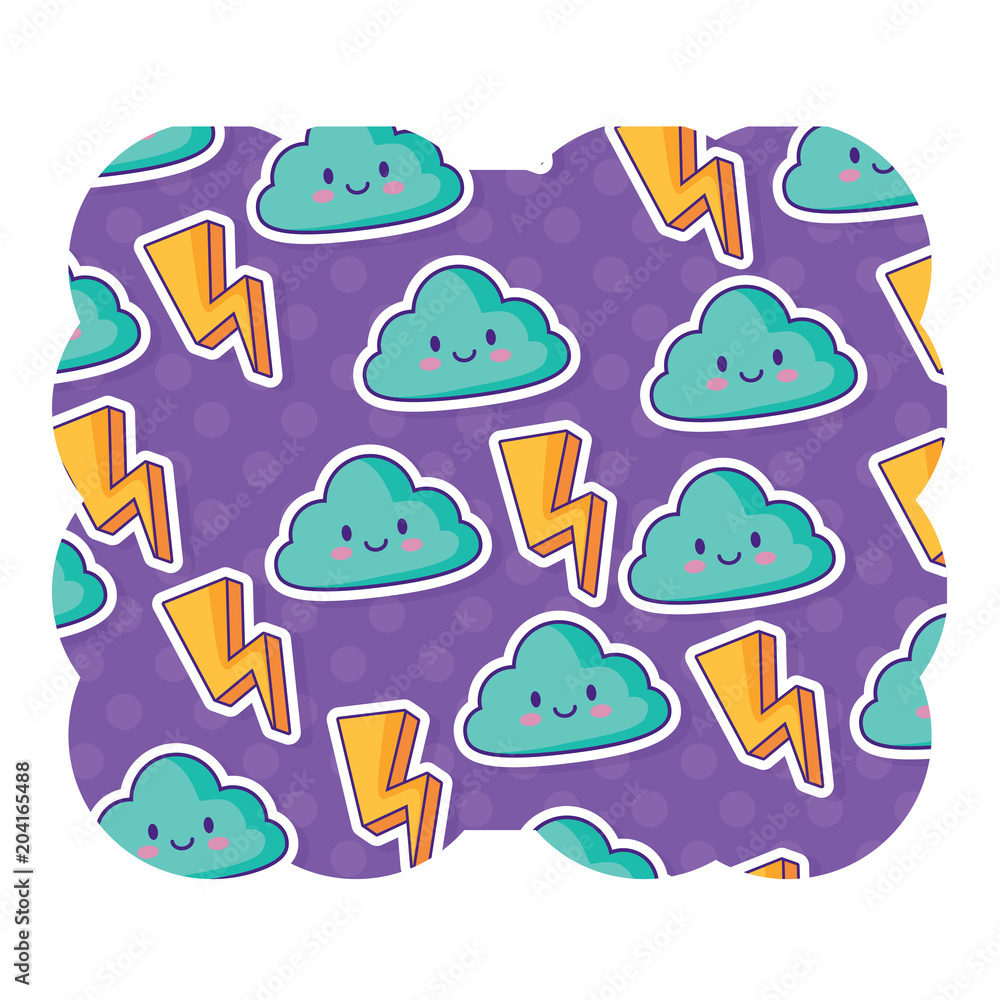 Fototapeta premium decorative frame with lightning and kawaii clouds pattern over white background, colorful design. vector illustration