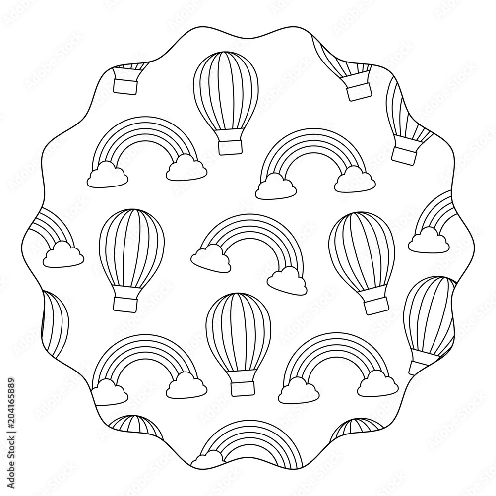 circular frame of hot air balloon and rainbow pattern over white background, vector illustration