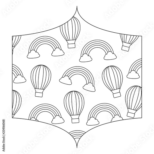 decorative frame of hot air balloon and rainbow pattern over white background, vector illustration